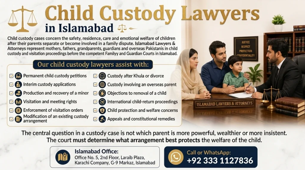 Child Custody Lawyers in Islamabad banner featuring parents and a child consulting a legal attorney in a professional office setting.