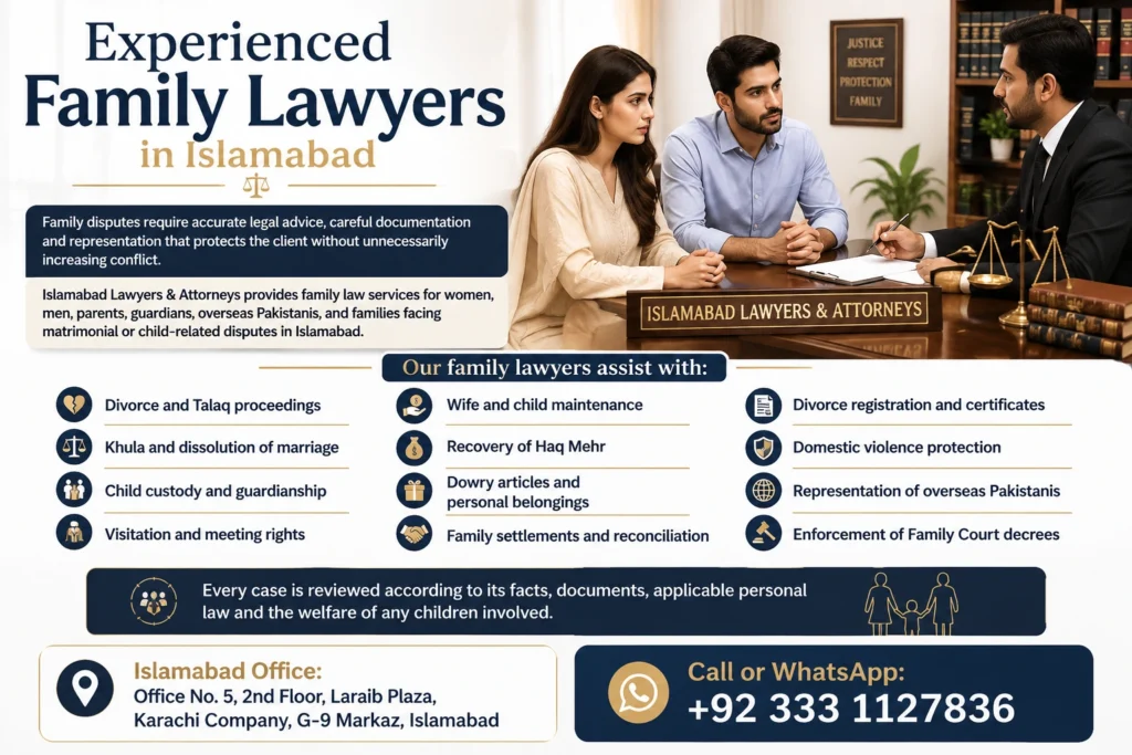 Experienced Family Lawyers in Islamabad providing divorce, khula, child custody, maintenance and family court legal services with a professional lawyer consulting a couple in a modern law office.