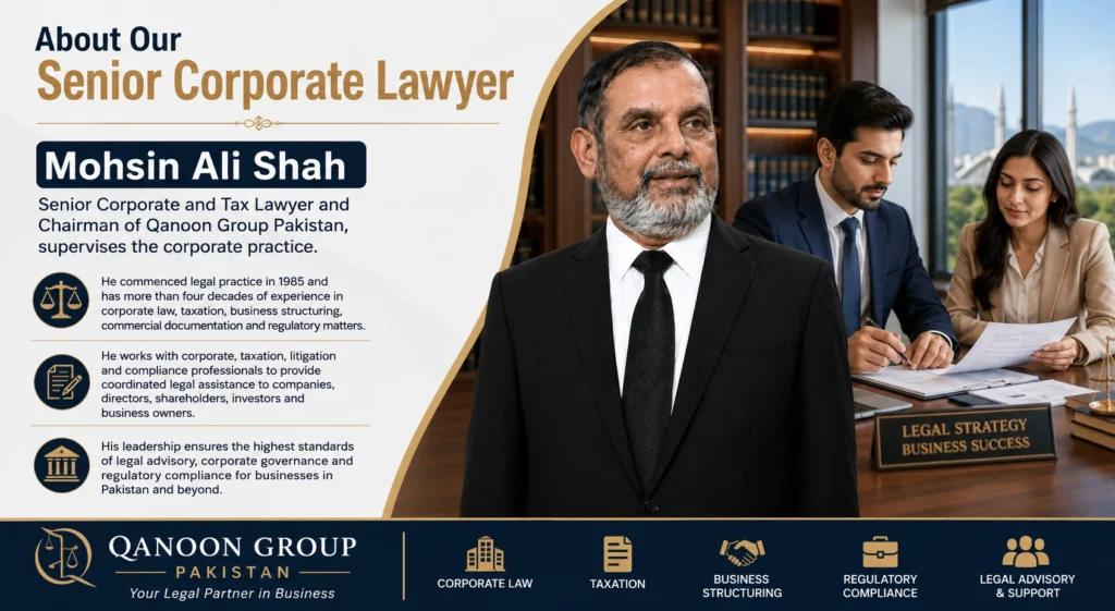 Senior Corporate Lawyer Mohsin Ali Shah, Chairman of Qanoon Group Pakistan, providing corporate law, taxation, business structuring, regulatory compliance, and commercial legal advisory services in Islamabad.