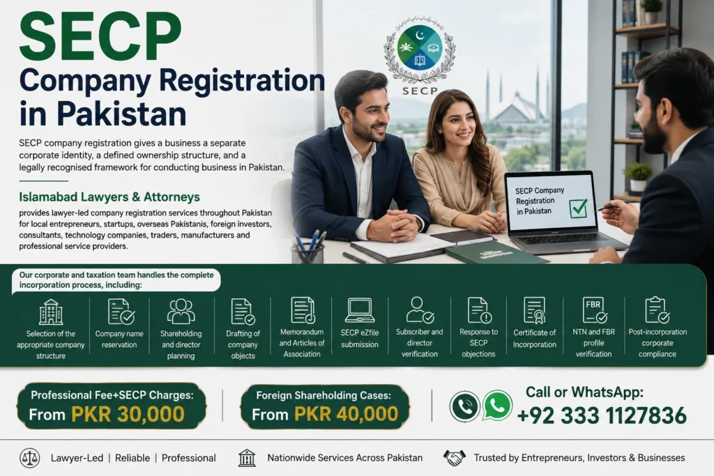 SECP company registration in Pakistan process with corporate lawyers assisting business incorporation and legal documentation