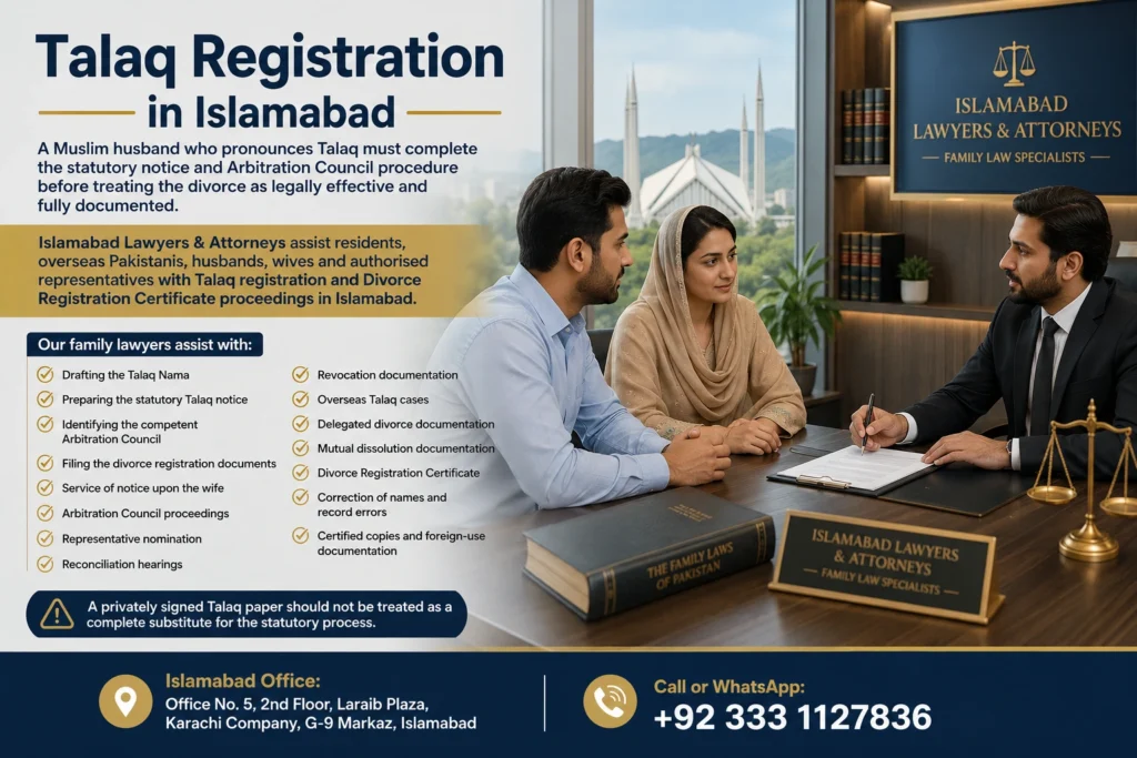 Professional consultation for Talaq Registration in Islamabad featuring a Muslim couple meeting a family lawyer in a modern law office for Talaq Nama drafting, divorce registration, Arbitration Council proceedings, and Divorce Registration Certificate services.