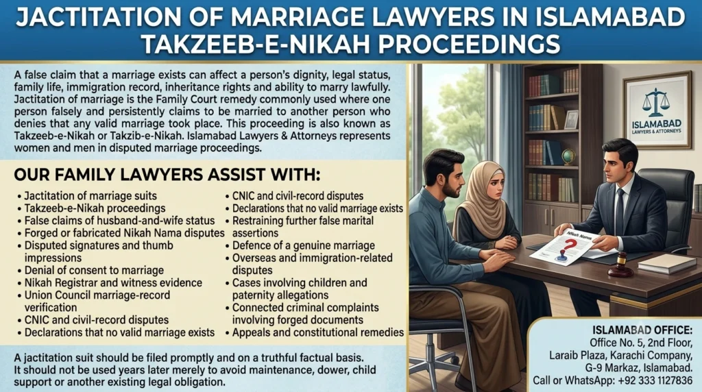 Jactitation of marriage lawyer reviewing a disputed Nikah Nama in Islamabad