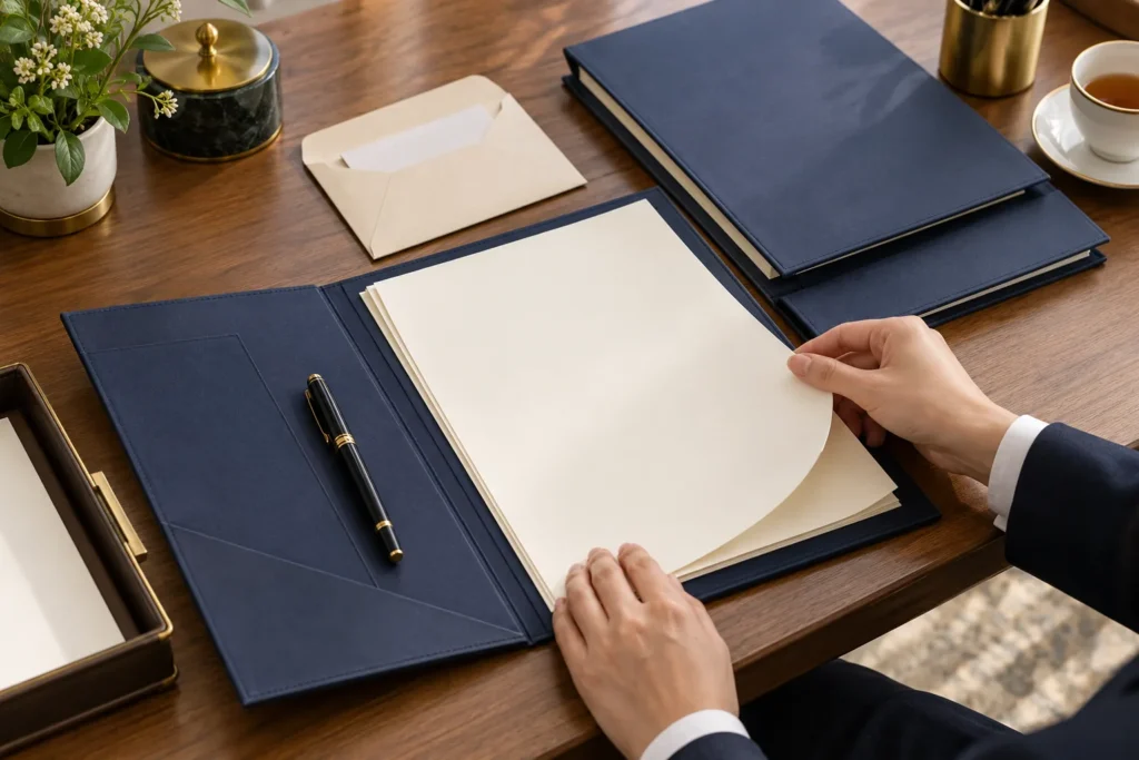 Illustrative marriage-document preparation with a pen and organised folders