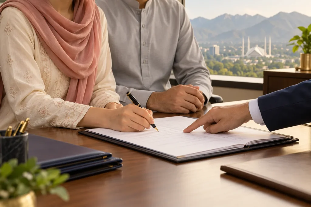 Illustrative scene of an adult couple signing marriage documents with legal assistance in Islamabad